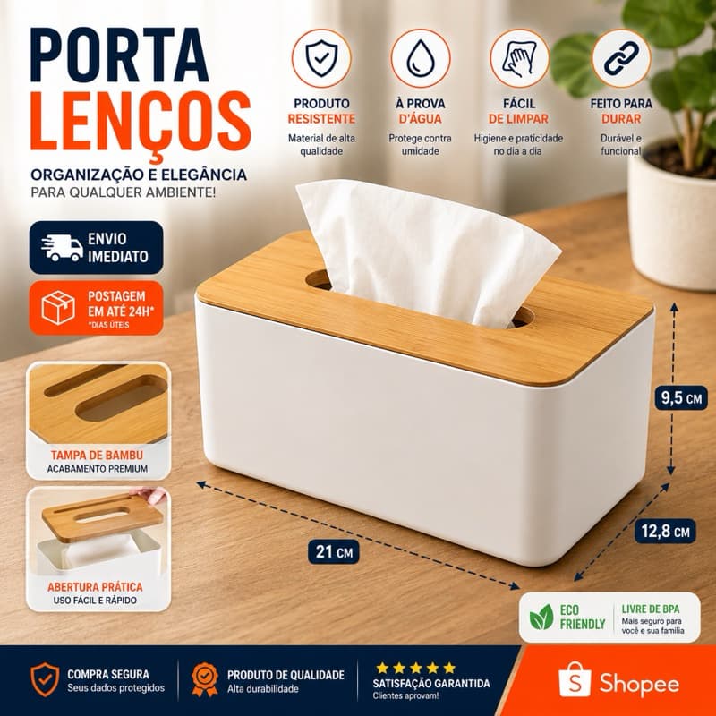 Caixa Porta Lenços Umedecido Papel Retangular Bambu C/ Suporte Celular Retangular Guardanapo