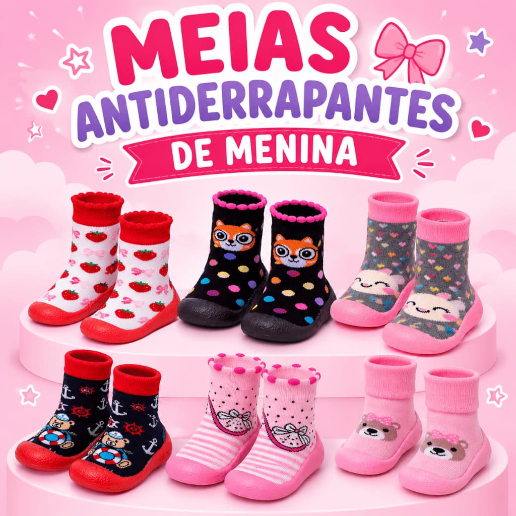 Meia Sola Emborrachada Antiderrapante Bebê Menina Calce Fácil Confortável Macia