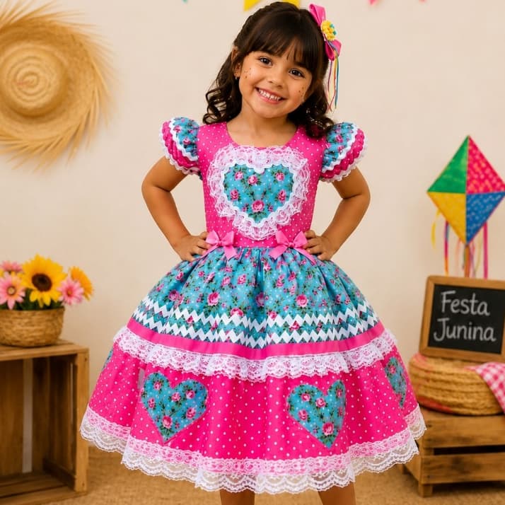 Vestido Junino Infantil Pink Rosa Festa Junina Quadrilha São João Menina de 1 a 12 anos