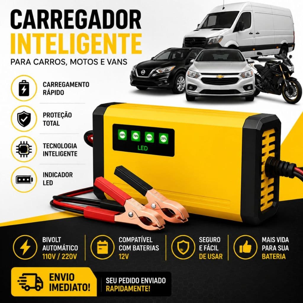 Carregador de Bateria Automotivo 12v Display Digital Inteligente Automático Moto Carro Caminhão