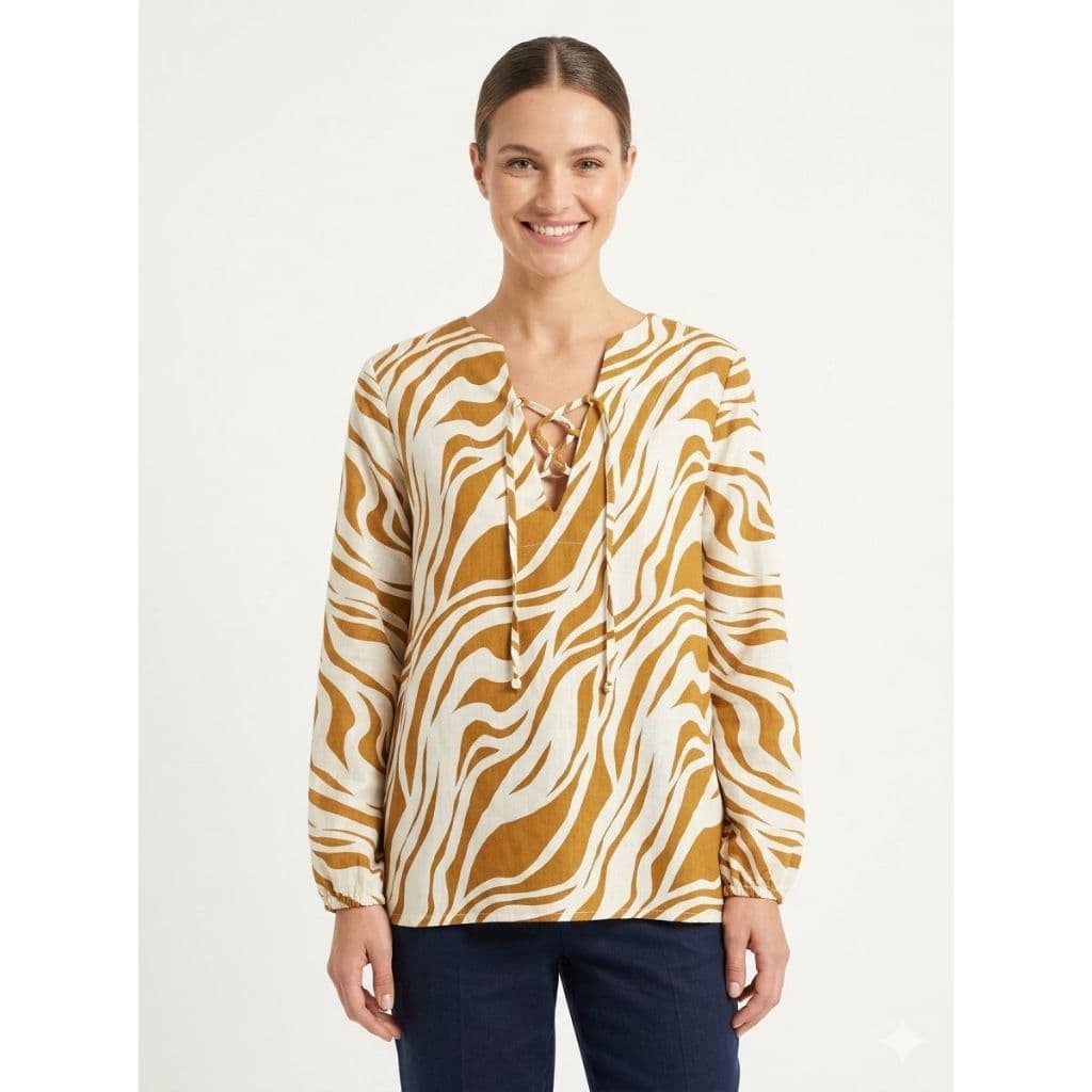 Blusa Feminina Manga Longa Estampada Elegante Bata Decote V Amarração Viscose Camisa Casual Premium