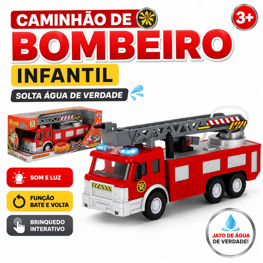 Caminhão de Bombeiro Vermelho Brinquedo Infantil | Solta Água com Som e Luz Interativo