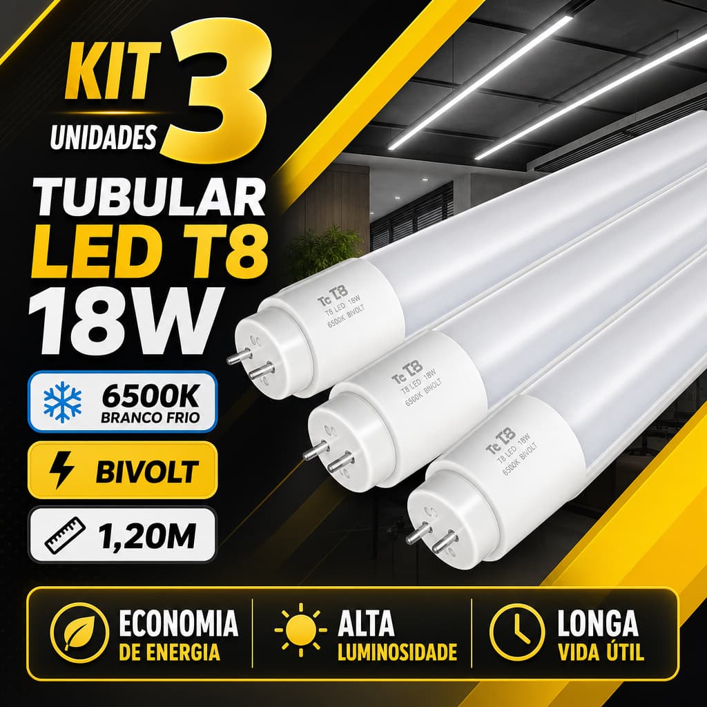 Kit 3 Lâmpadas Tubular LED T8 18W 1,20m 6500K Bivolt