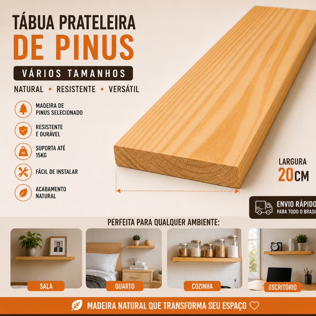 Prateleira Tabua de 20 cm de largura madeira pinus seca lixada aparelhada artesanato vários tamanhos