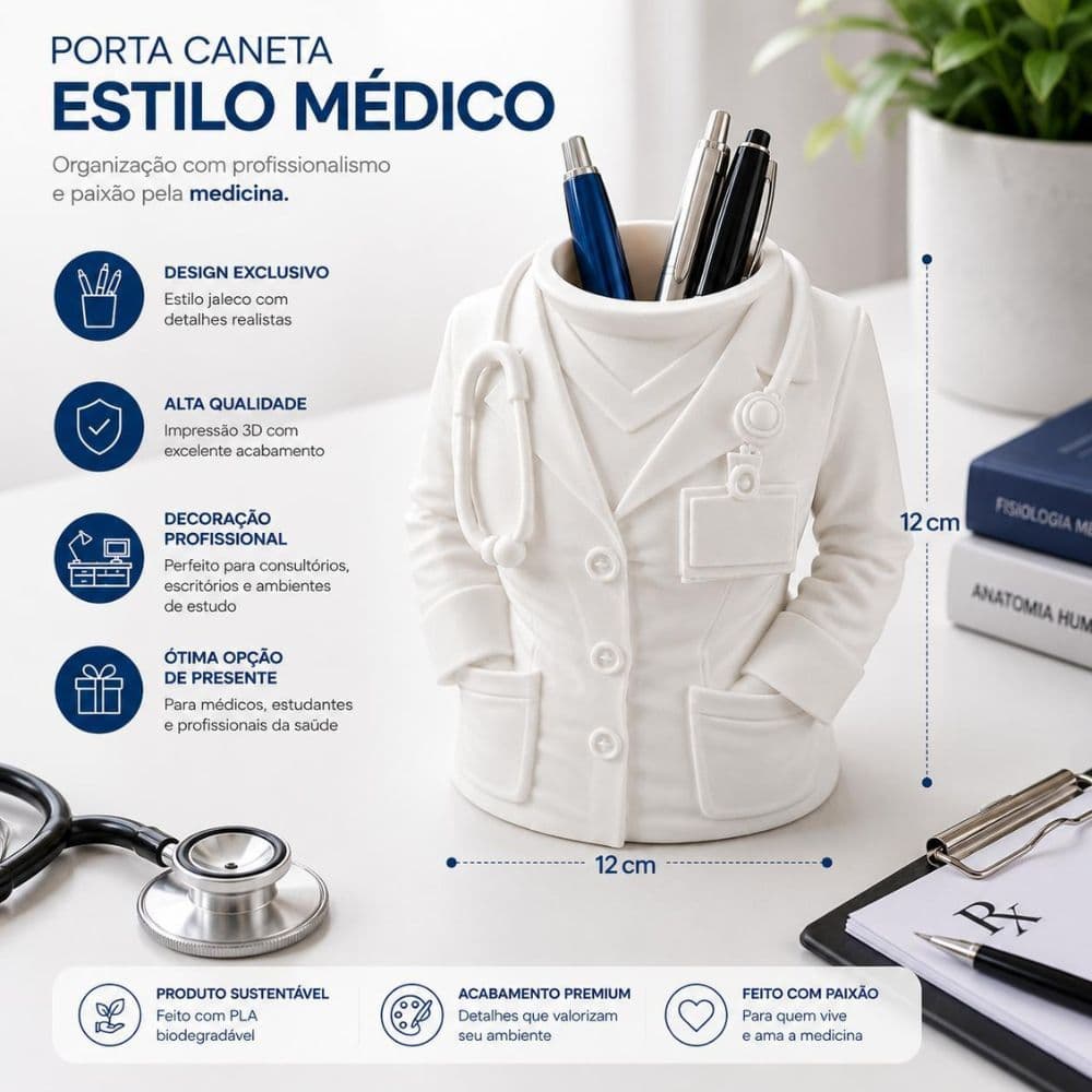 Porta Caneta Jaleco Médica Decorativo Organizador Mesa Médico Biomédica Enfermagem 3D