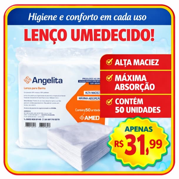 Lenço Para Banho Pacote com 50 Unidades 30x35cm 50g Angelita - Amed