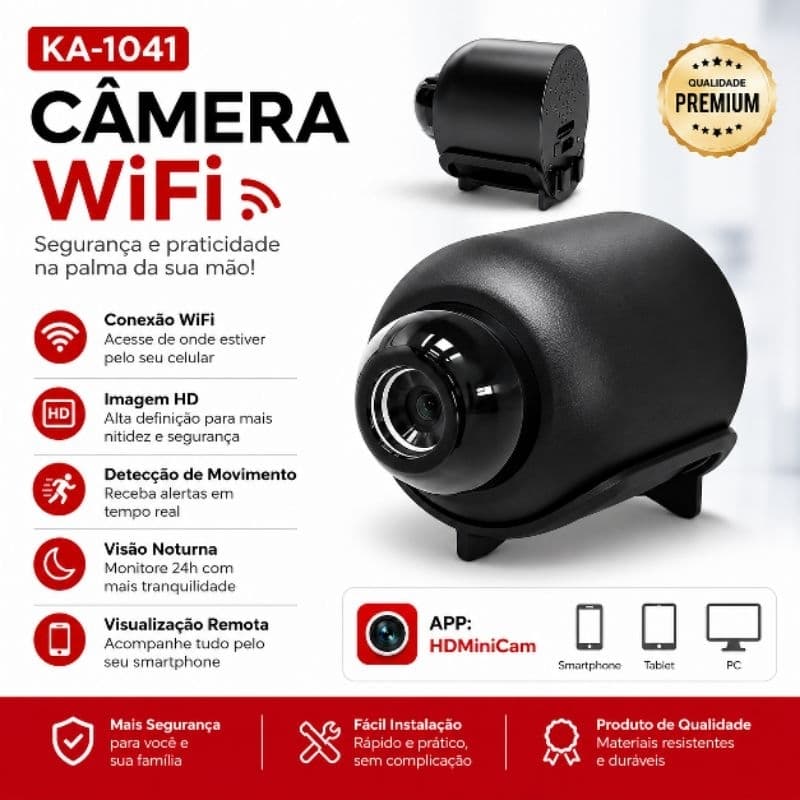 Câmera Mini HD Wi-Fi com Suporte e Sensor de Presença Kapbom KA-1041
