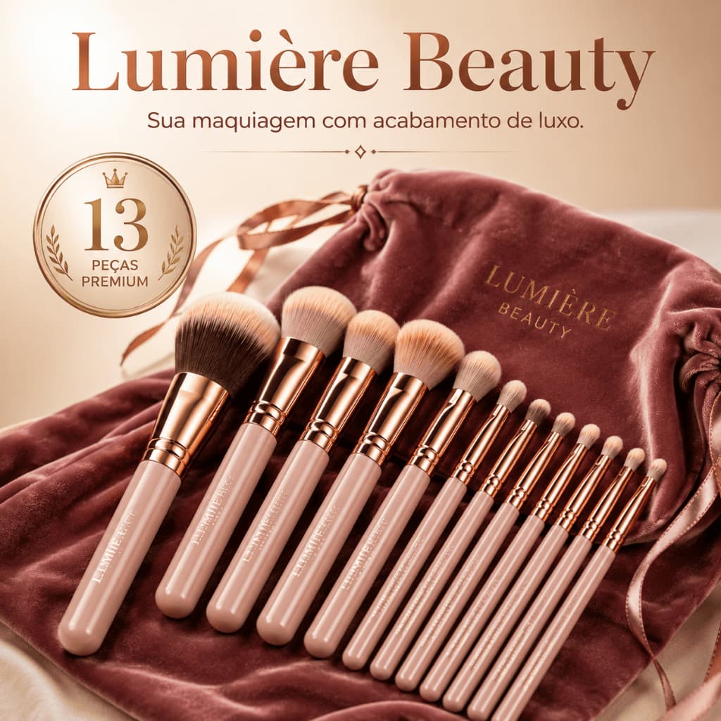 Kit 13 Pincéis de Maquiagem Lumière Beauty Set com Bolsa de Veludo Macio Premium para Base Pó Blush e Somb