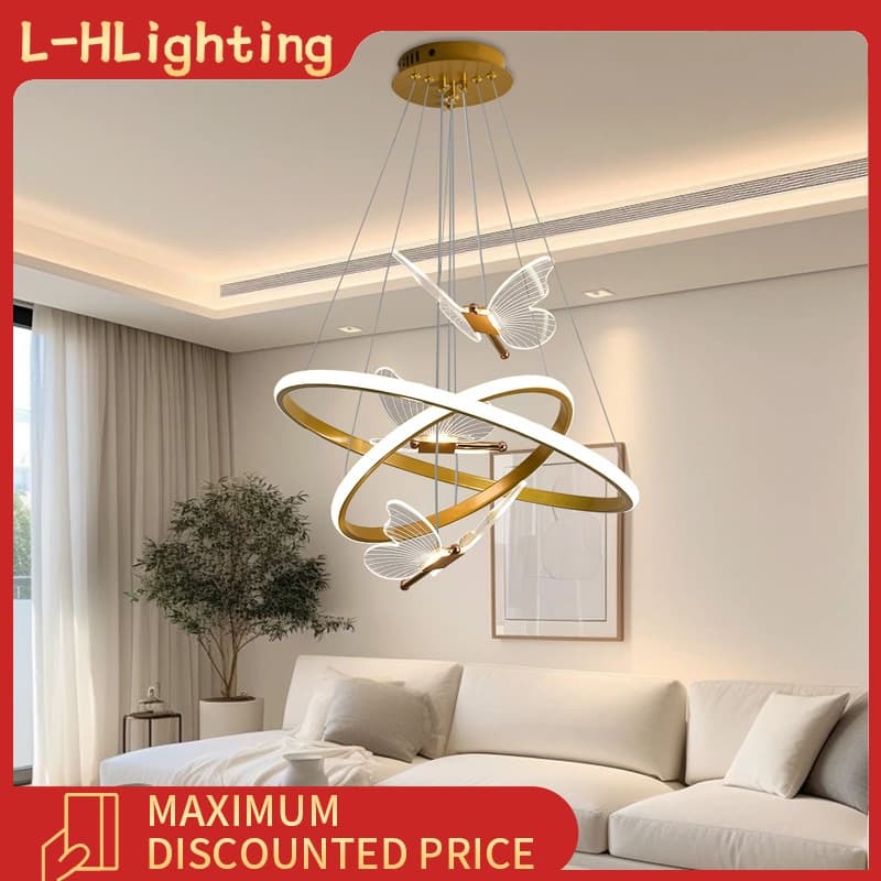 Lustre de LED criativo para restaurante, luz de 3 cores, anel redondo, luminária decorativa para sala de estar