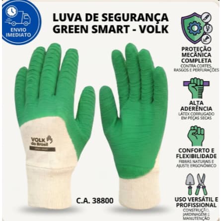 Luva Jardinagem Construção Civil Obra Volk CA 38800 Látex Corrugado Green Resistente Interlock