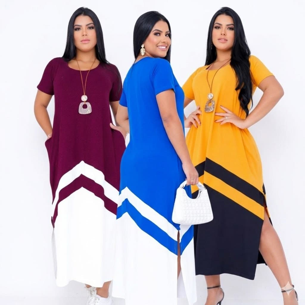 vestido longo feminino bicolor moderno elegante confortável casual com bolso soltinho moda feminina com bolso estiloso