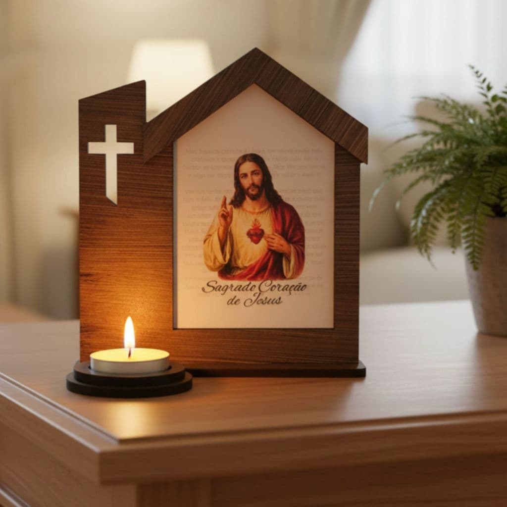 Suporte Porta Vela Oratório Religioso Sagrado Coração Jesus Presente Católico Decoração