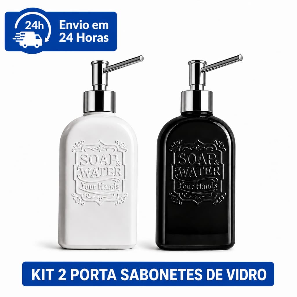 Kit 2 Duas Porta Sabonete Líquido De Vidro 400ML 20x8Cm Preto E Branco Dispenser Detergente Saboneteira Banheiro