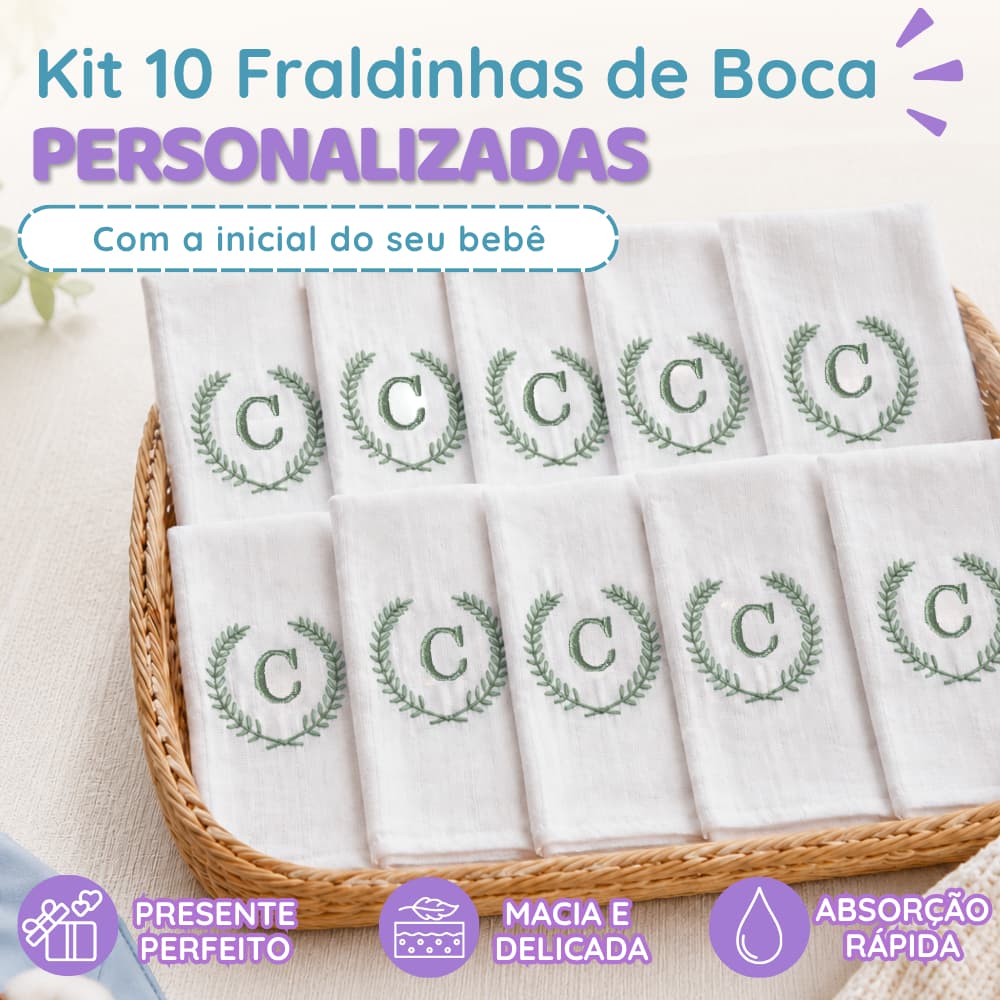 Kit Fralda de Boca Bebê 5 ou 10 Unidades 100% Algodão Personalizada Pano de Boca Menino Menina