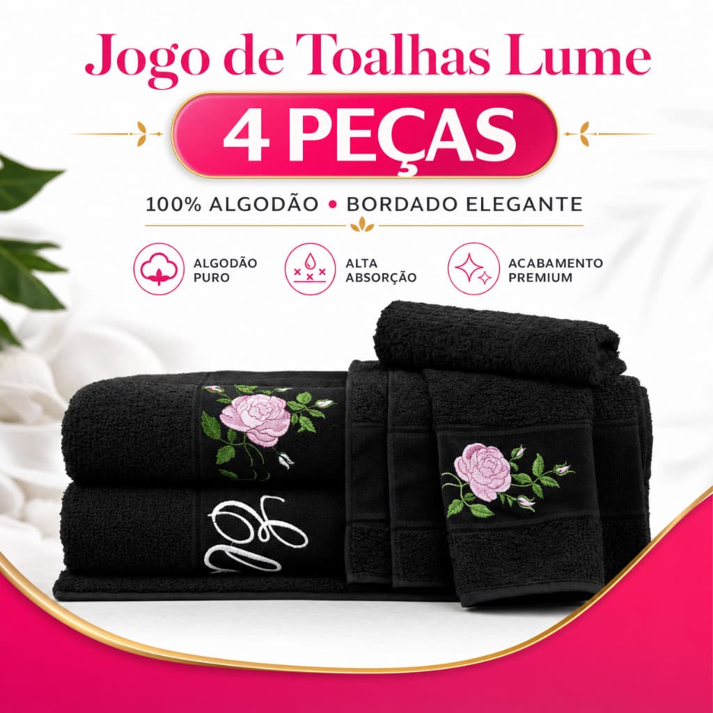 Jogo Toalhas Lume 4 peças com Bordado 100% Algodão Elegantes Banheiro Lavabo Presente Avo Mae