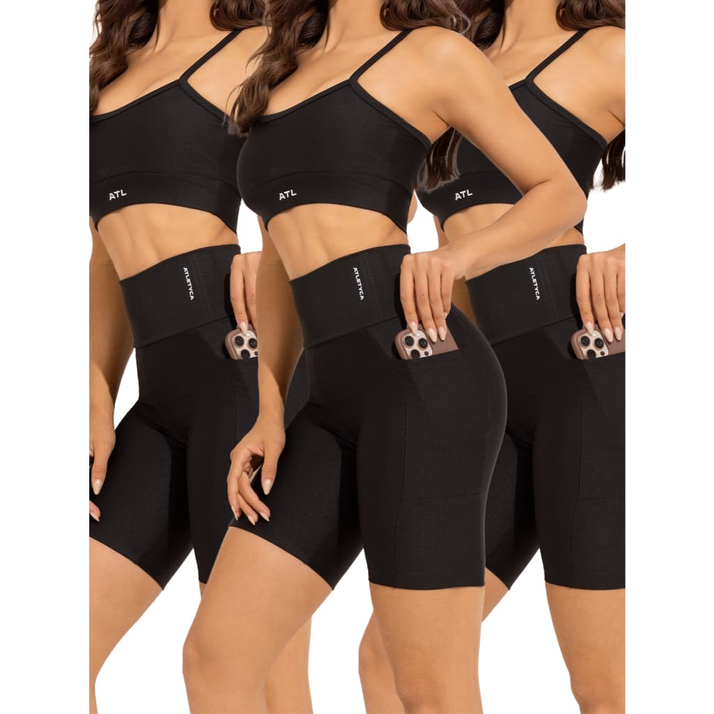 Kit 3 Bermudas Fitness Feminina com Bolso Cintura Alta Academia Atletyca