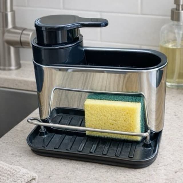 Organizador de Pia Aço Inox 3 em 1 Dispenser Porta Detergente Escorredor Talheres Suporte Esponja Escova Limpeza Cozinha