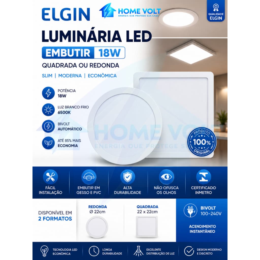 Luminária LED Elgin 18W Embutir Quadrada Redonda Bivolt Branco Frio INMETRO Original Elegante Nova!!