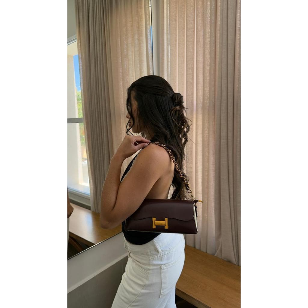 👜 Bolsa de Ombro e Transversal Elegante – Estilo Baguete com Alça de Corrente e Couro