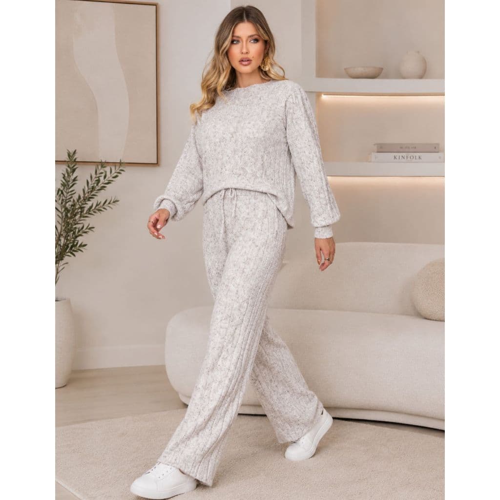 Conjunto Tricot Inverno Feminino Blusa Manga Longa Calça Pantalona Confortável Tricô