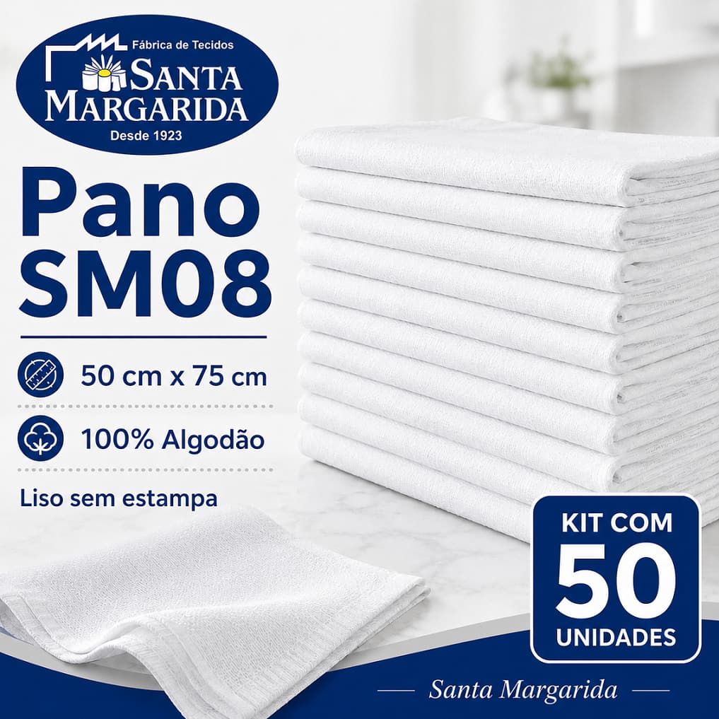 Kit 50 Un Pano de Prato SM08 Liso 50cm x 75cm Santa Margarida Embanhado 100% Algodão