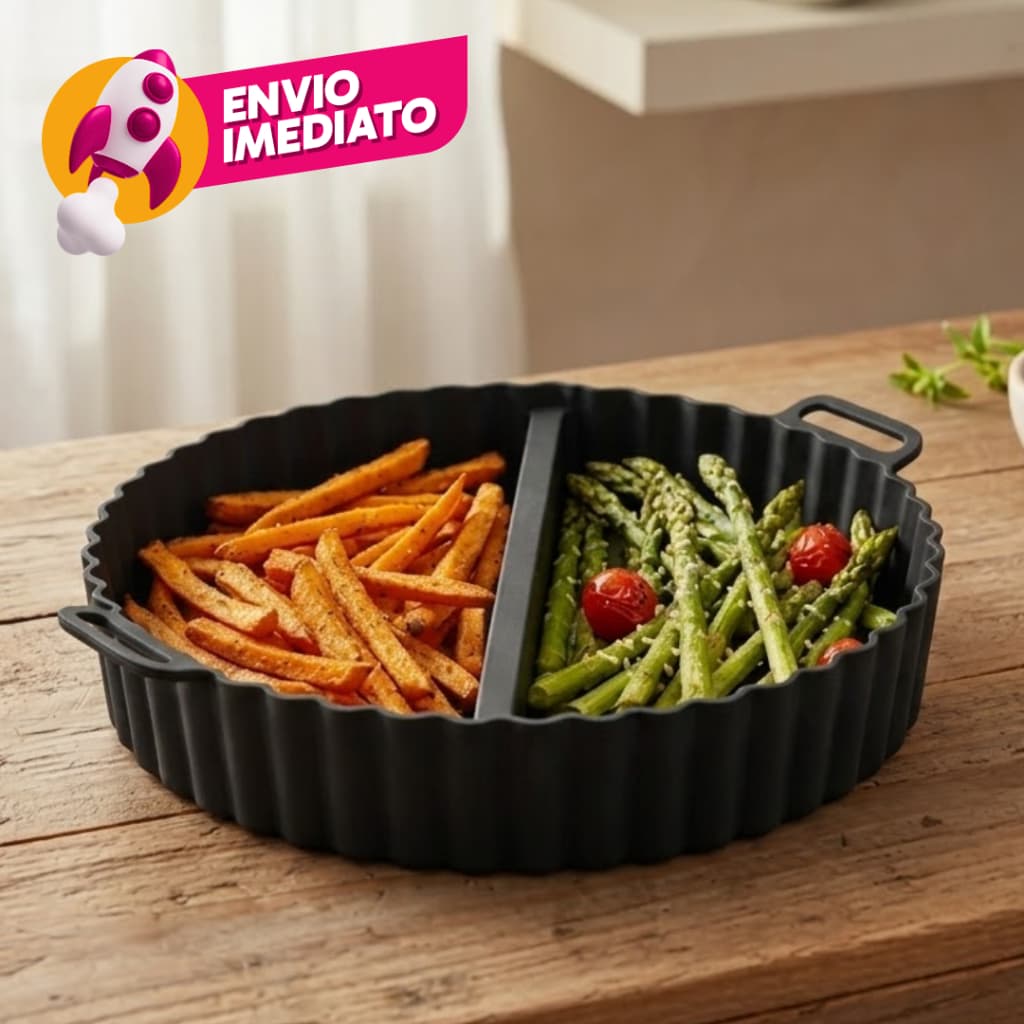 Kit Forma Air Fryer Redonda Silicone  Com Divisoria Micro-ondas Fritadeira Assadeira Antiaderente