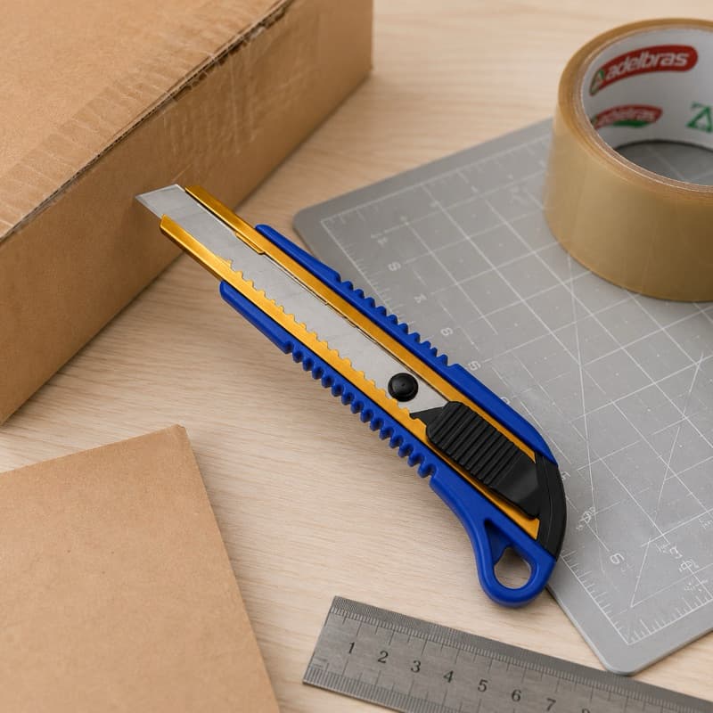 Cortador Retrátil Multiuso 16cm com Trava Lâmina em Aço para Papel Papelão Artesanato