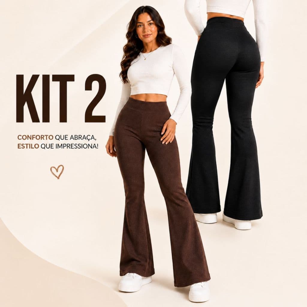 Kit 2 Calças Flare Flanelada Feminina Cintura Alta Bailarina Boca de Sino Frio Confortável