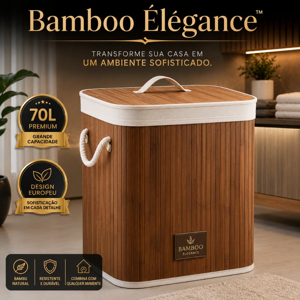 Cesto Organizador Bambu 70 Litros Com Alcas Tampa Multifuncional Marrom