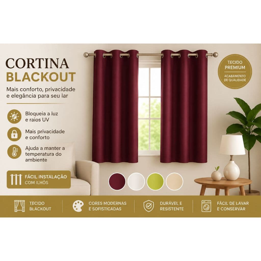 Cortina Janela Completa Oxford Lisa 8 Ilhós 1,70m x 1,45m Várias Cores Decoração Moderna