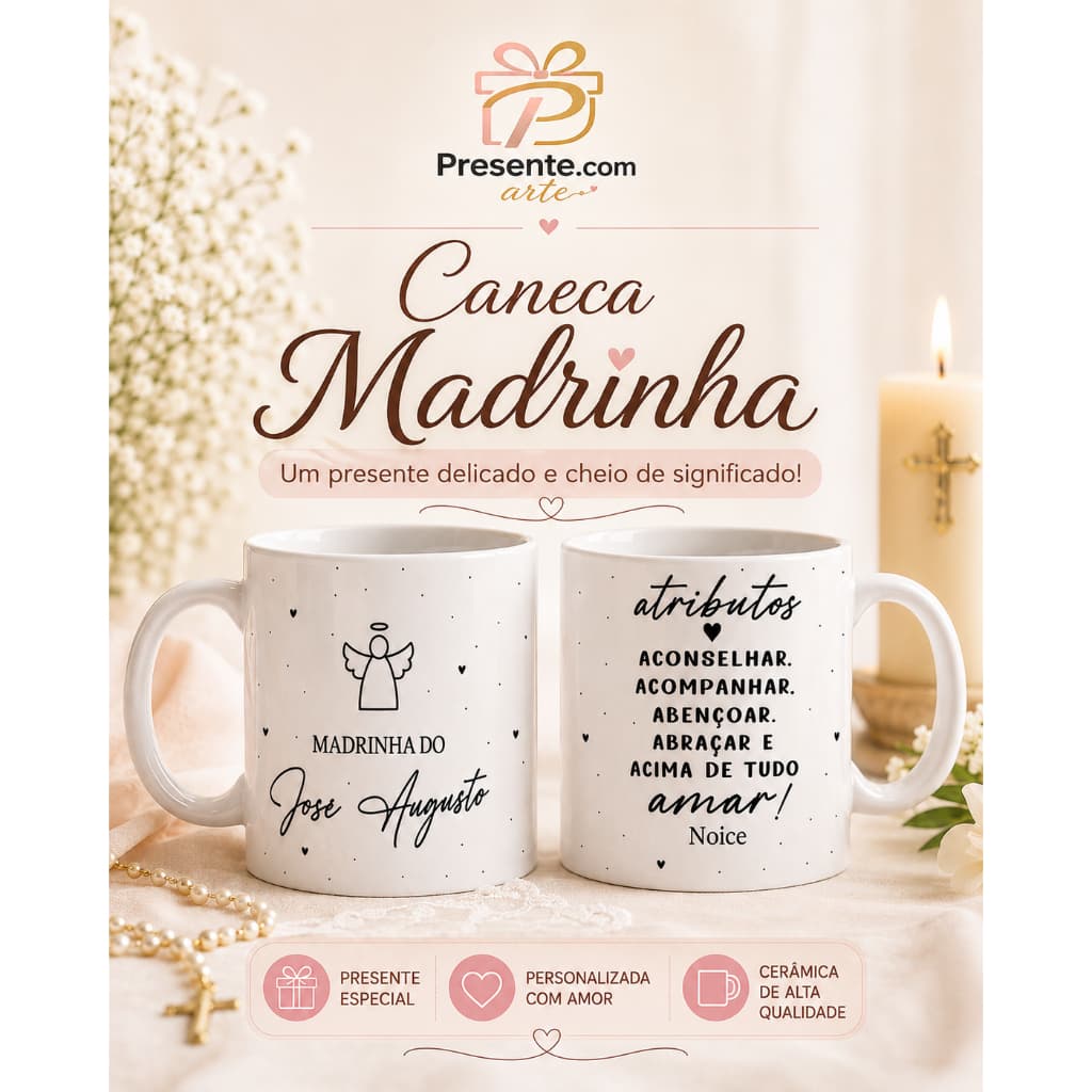 Caneca Personalizada Madrinha para Batizado com Nome | Presente Especial em Cerâmica Caneca