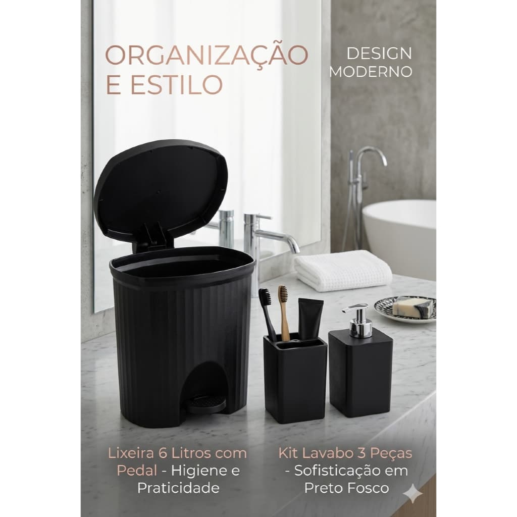 Kit Lavabo Banheiro Lixeira Dispenser Porta Escovas Banheiro Escritório 3 peças Preto Fosco Premium