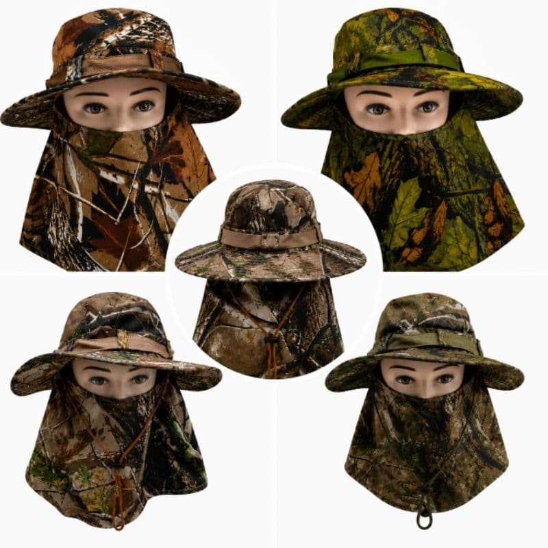 Chapéu Pescador Camuflado Multifuncional com Proteção Facial e Pescoço para Atividades ao Ar Livre e Esportes de Caça