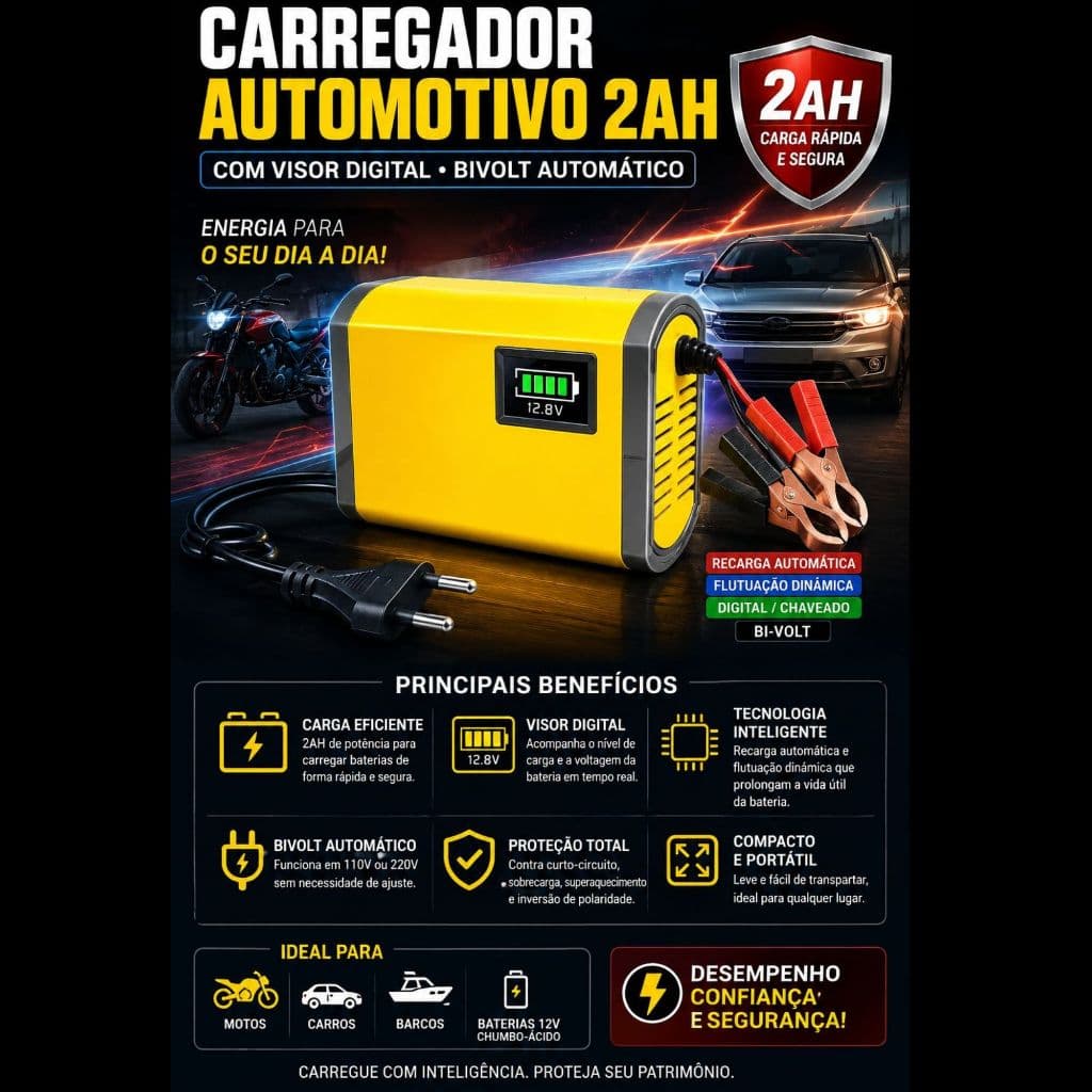 Carregador Bateria 12v Inteligente 2AH visor Carro moto Bivolt