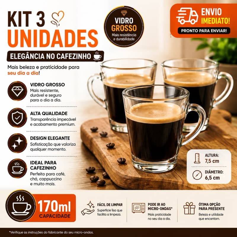 Kit Jogo 3 Xicaras Canecas de Vidro Café e Bebidas Quentes 170ml Mesa Posta Xícara Máquina Café