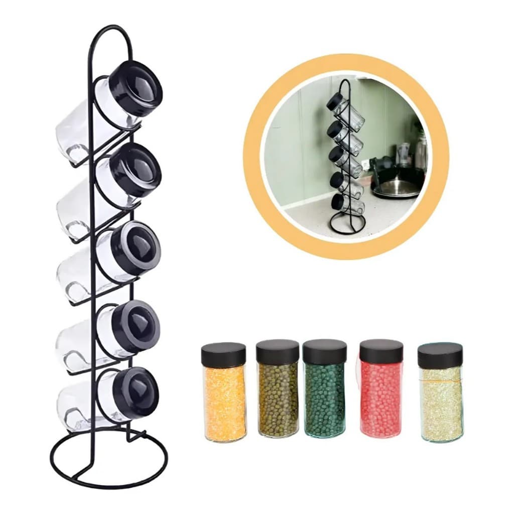 5 Porta Tempero Condimentos Com Suporte Cozinha Cor Preto