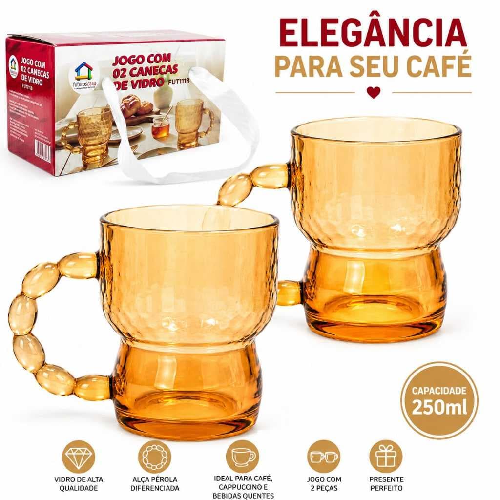 Jogo 2 Canecas Xícara Vidro Âmbar Pérola 250ml Café Cappuccino Presente Casal Decoração