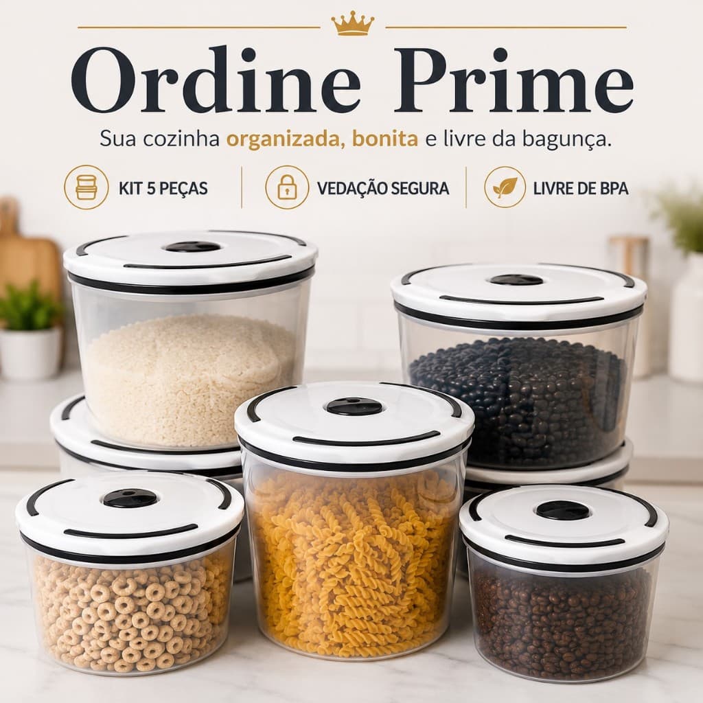 Kit 5 Potes Herméticos Plásticos Com Tampa Vedante Livre BPA Organizadores Cozinha Empilháveis