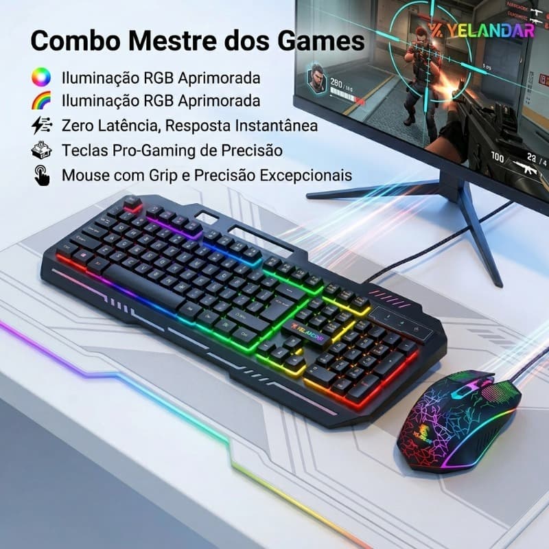 KIT Teclado e Mouse Gamer RGB LED Retroiluminado USB ABNT2 Semi-Mecânico Profissional para PC Notebook-KT198