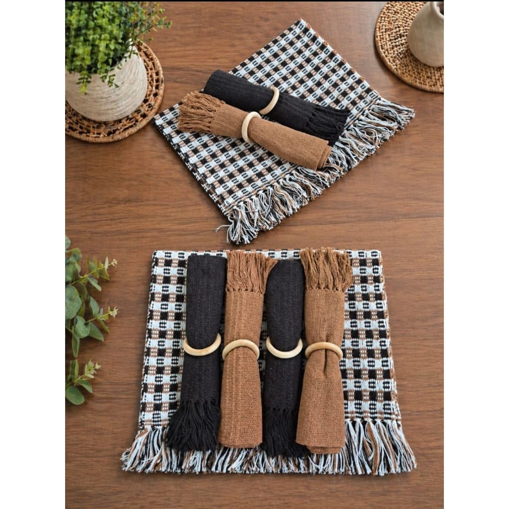 kit Jogo Americano com Franja -  6 Lugares + 6 Guardanapos + 6 argolas/Jogo americano artesanal