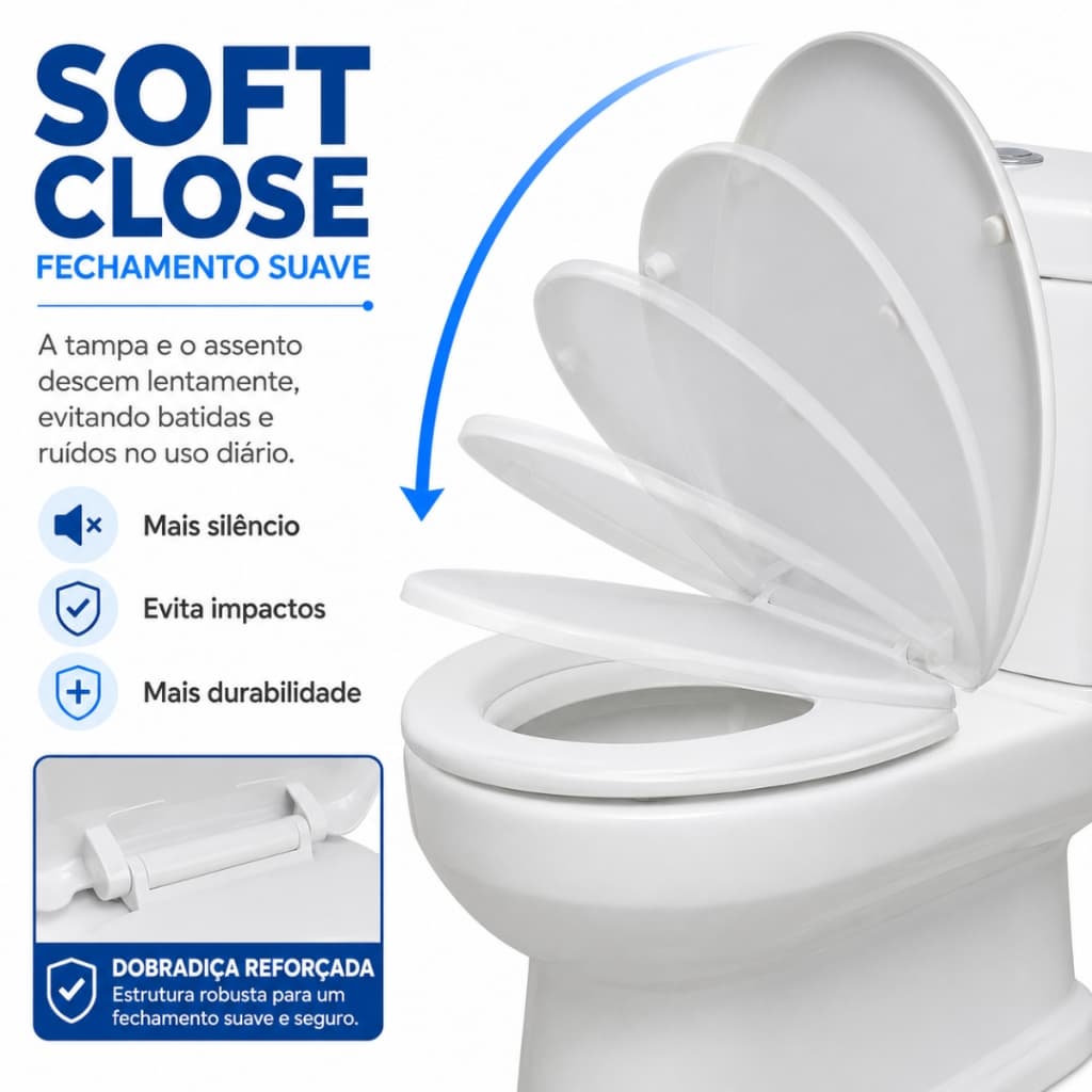 Tampa Assento Sanitario Oval Soft Close Branco 45x36 Vaso Sanitario Fechamento Suave Universal Anti Ruido  P/ Banheiro