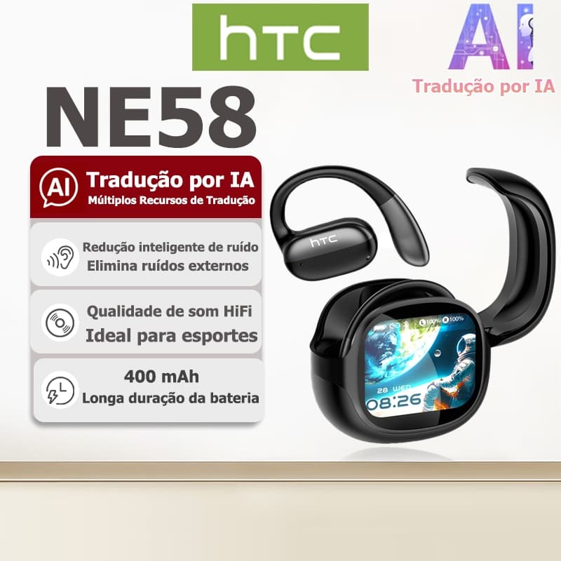 Fone TWS HTC NE58 com tradução por IA, tela de alta definição, tradução em tempo real, Bluetooth 6.0, áudio HiFi, resist