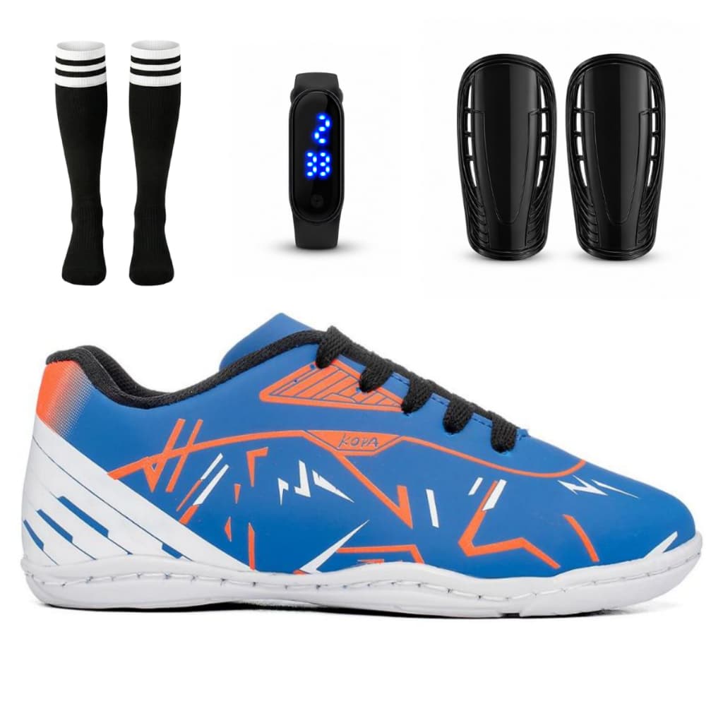 Kit Chuteira Infantil Masculino Quadra Salão Antiderrapante Resistente Meião Relógio Caneleira
