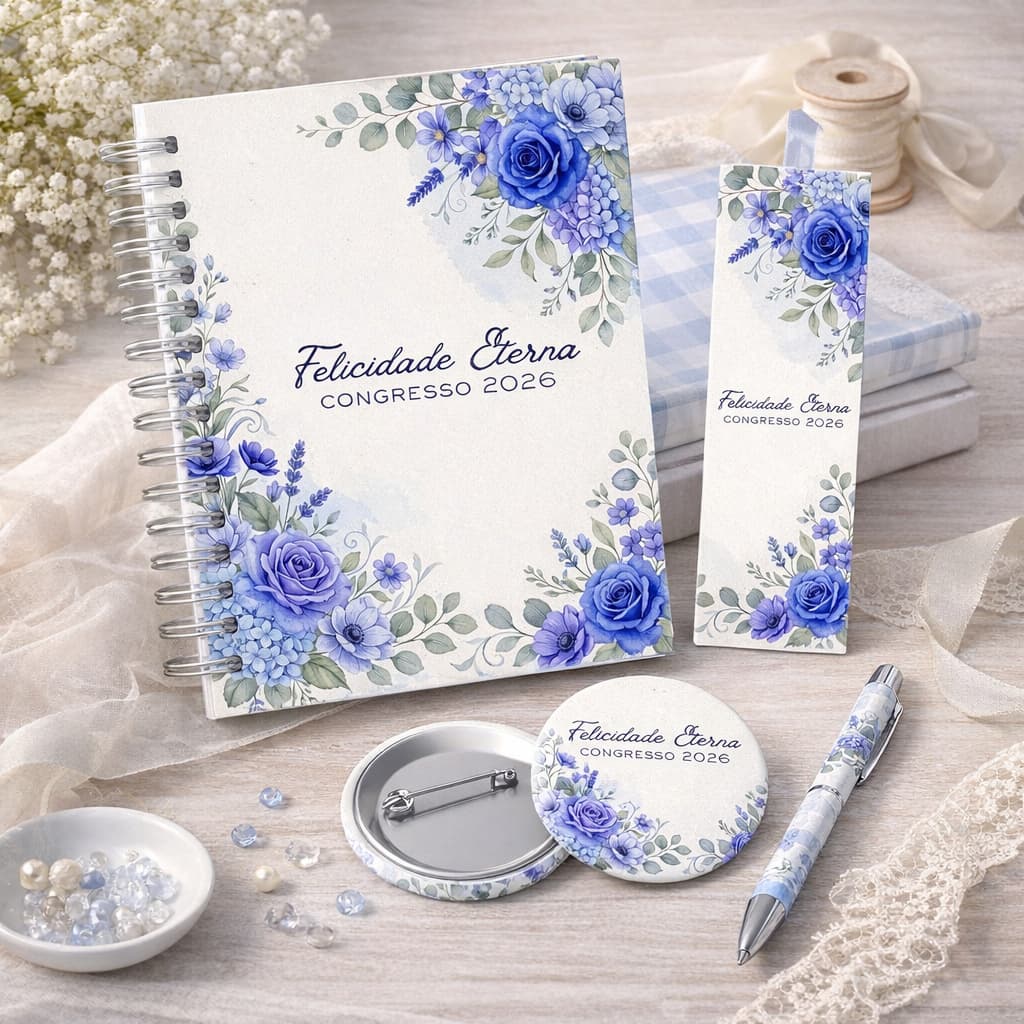 Caderno Personalizado Congresso JW "Felicidade Eterna" com brindes - coleção Floral Azul