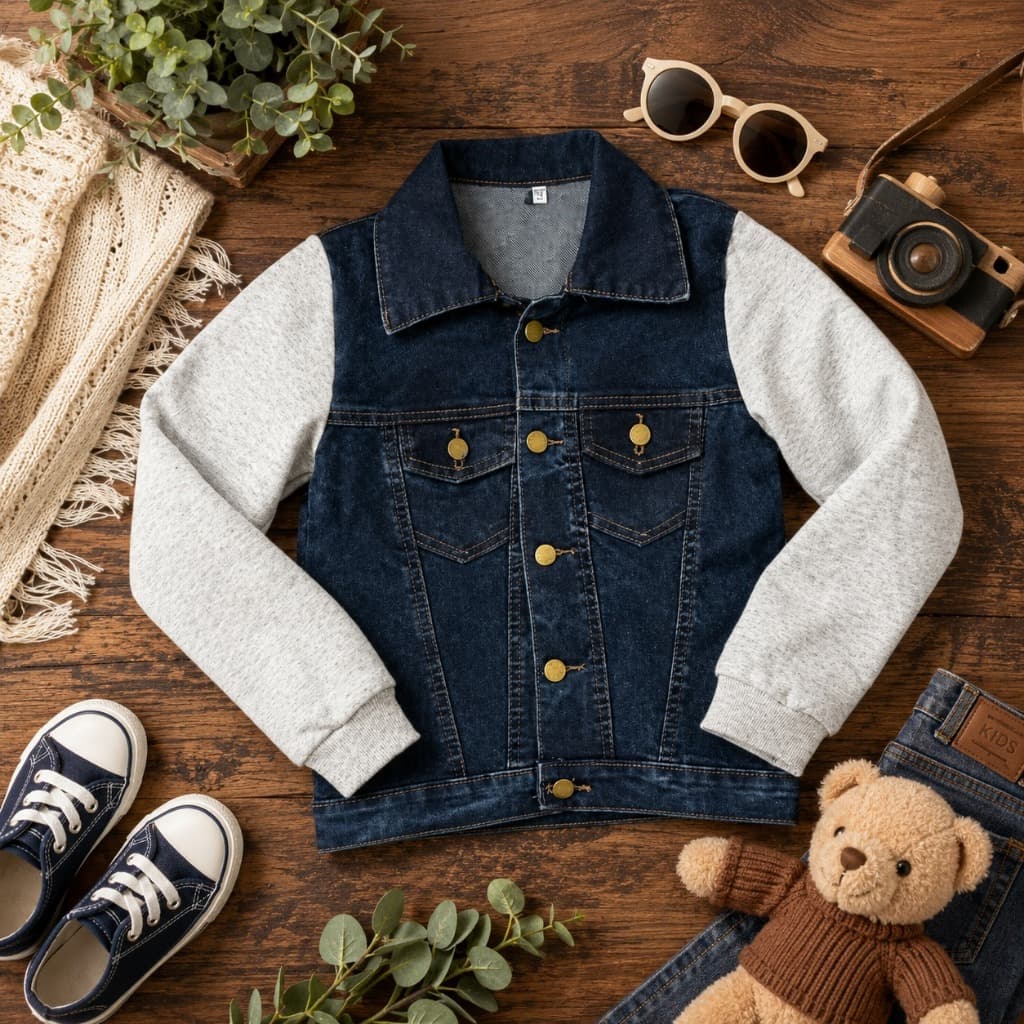 JAQUETA JEANS INFANTIL MASCULINA COM MANGA DE MOLETOM CASACO MENINO ESTILOSA BOTÕES TAM 1 AO 16
