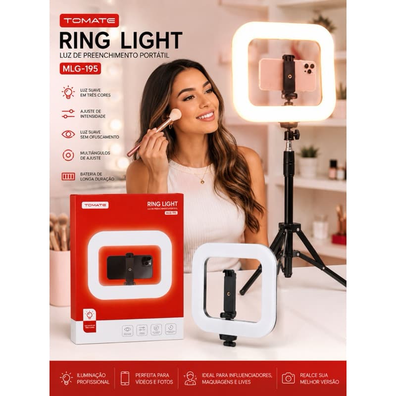 Ring Light Tomate 26cm com Tripé Profissional 2,10m – Iluminação LED para Live, Fotos e Vídeos