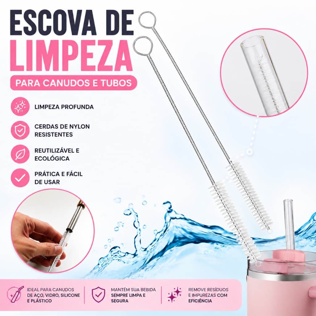 Kit Escova de Limpeza para Canudo Flexível Inox Cerdas Nylon