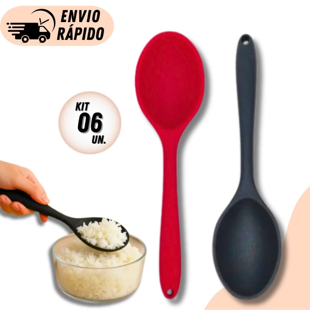 KIT 6 ou 4 Colher De Silicone Macio Utensílios De Cozinha  Promoção Vermelha E Preta Resistente Ao Calor