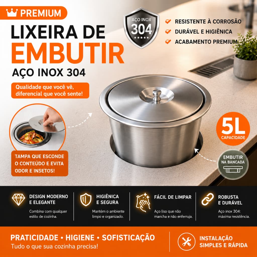 Lixeira de Embutir Inox 304 Pia Gourmet 3 ou 5 Litros não Enferruja