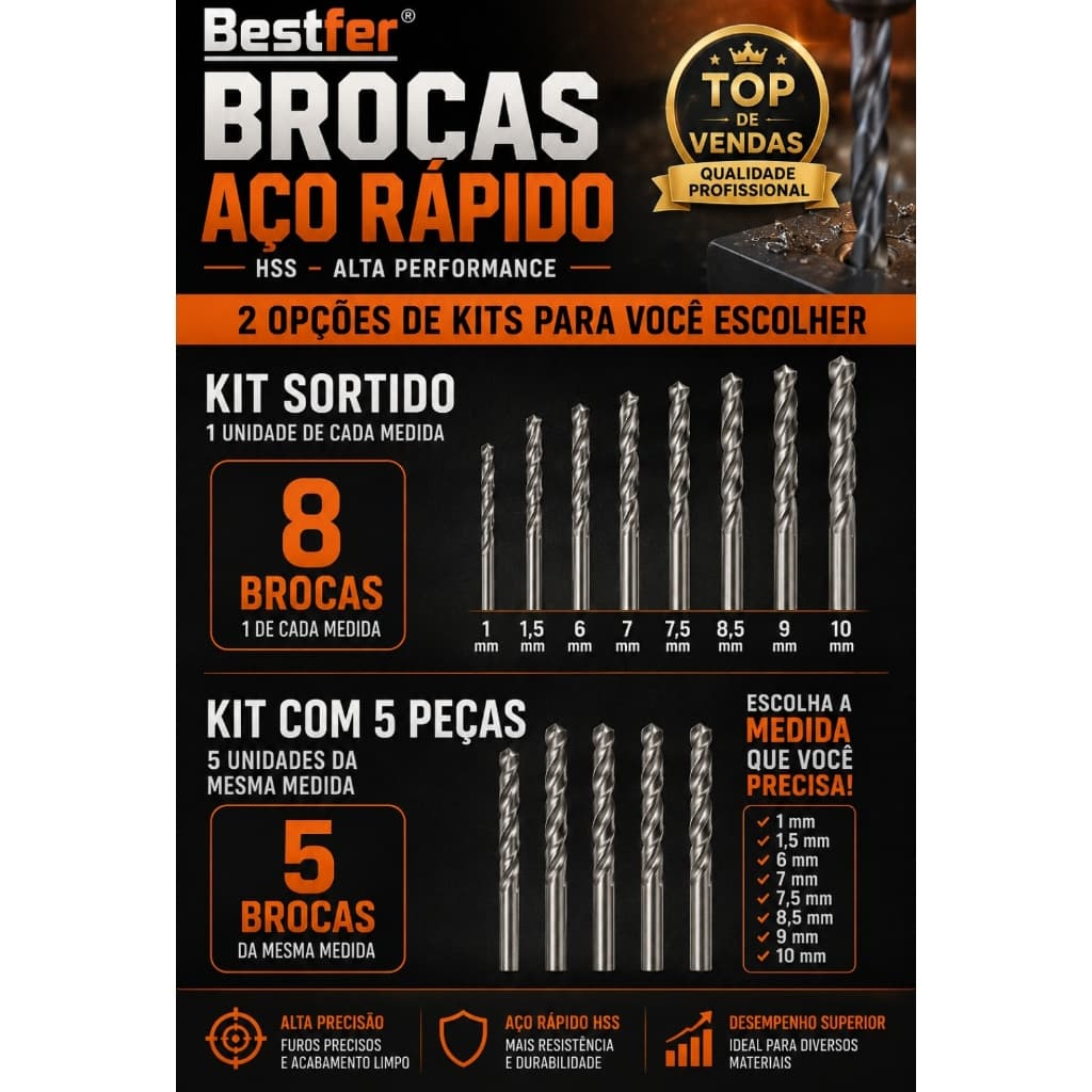 Jogo kit Broca de aço rápido 1mm, 1,5mm, 6mm, 7mm, 7,5mm, 8,5mm, 9mm, 10mm